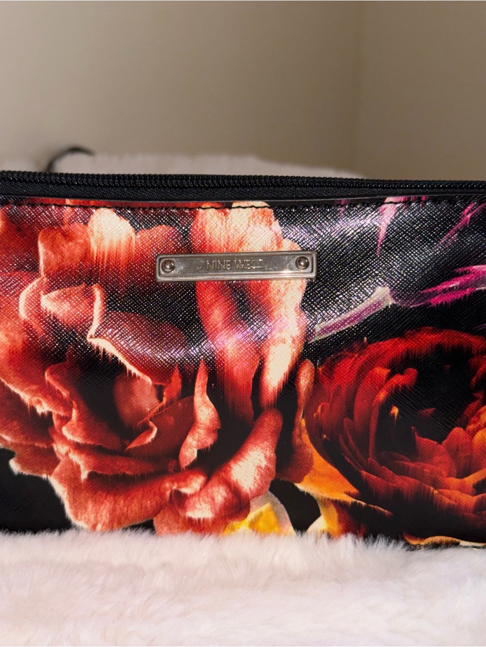 Nine West Floral Zip Mini Shoulder Purse- Black with Red Rose Print - Picture 11 of 16